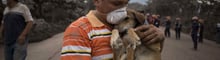A resident cradles his dog after rescuing him near the Volcano of Fire in Escuintla, Guatemala