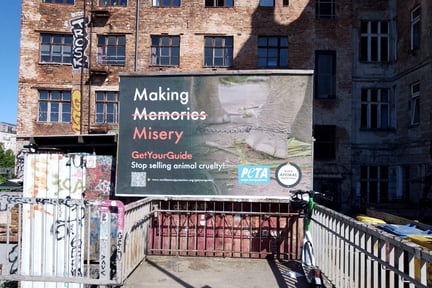 A billboard set up outside of GetYourGuide's head office calling to demand the company stops promoting and selling cruel tourist activities involving animals.