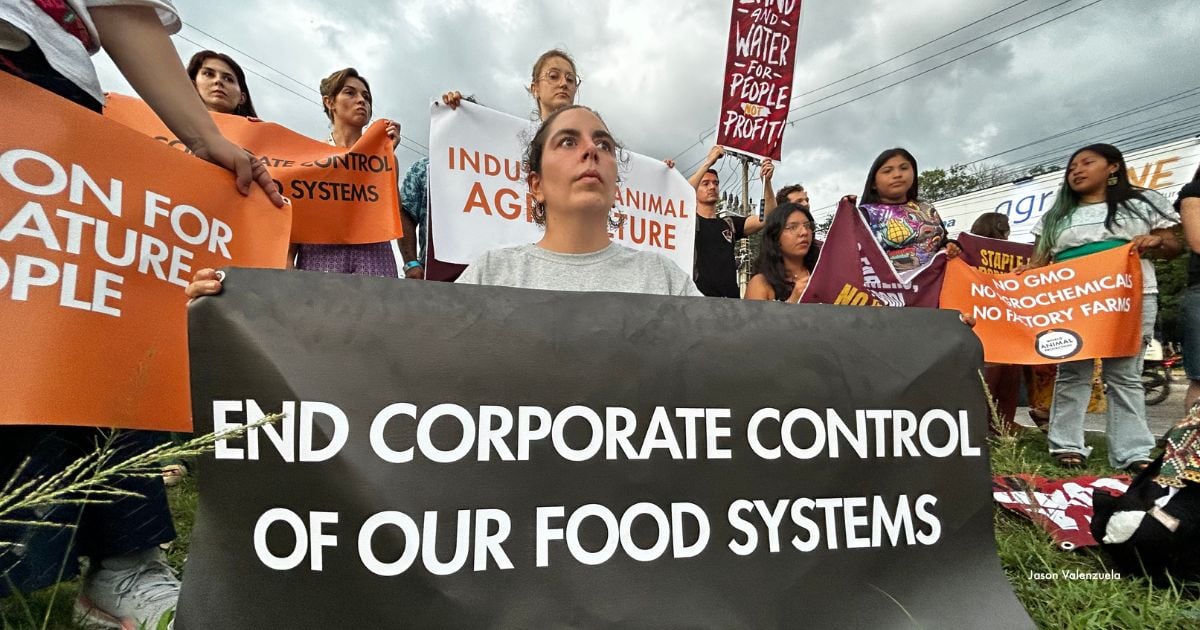 Activists confront Big Agriculture at COP30 AgriZone. Image Credit: Jason Valenzuela