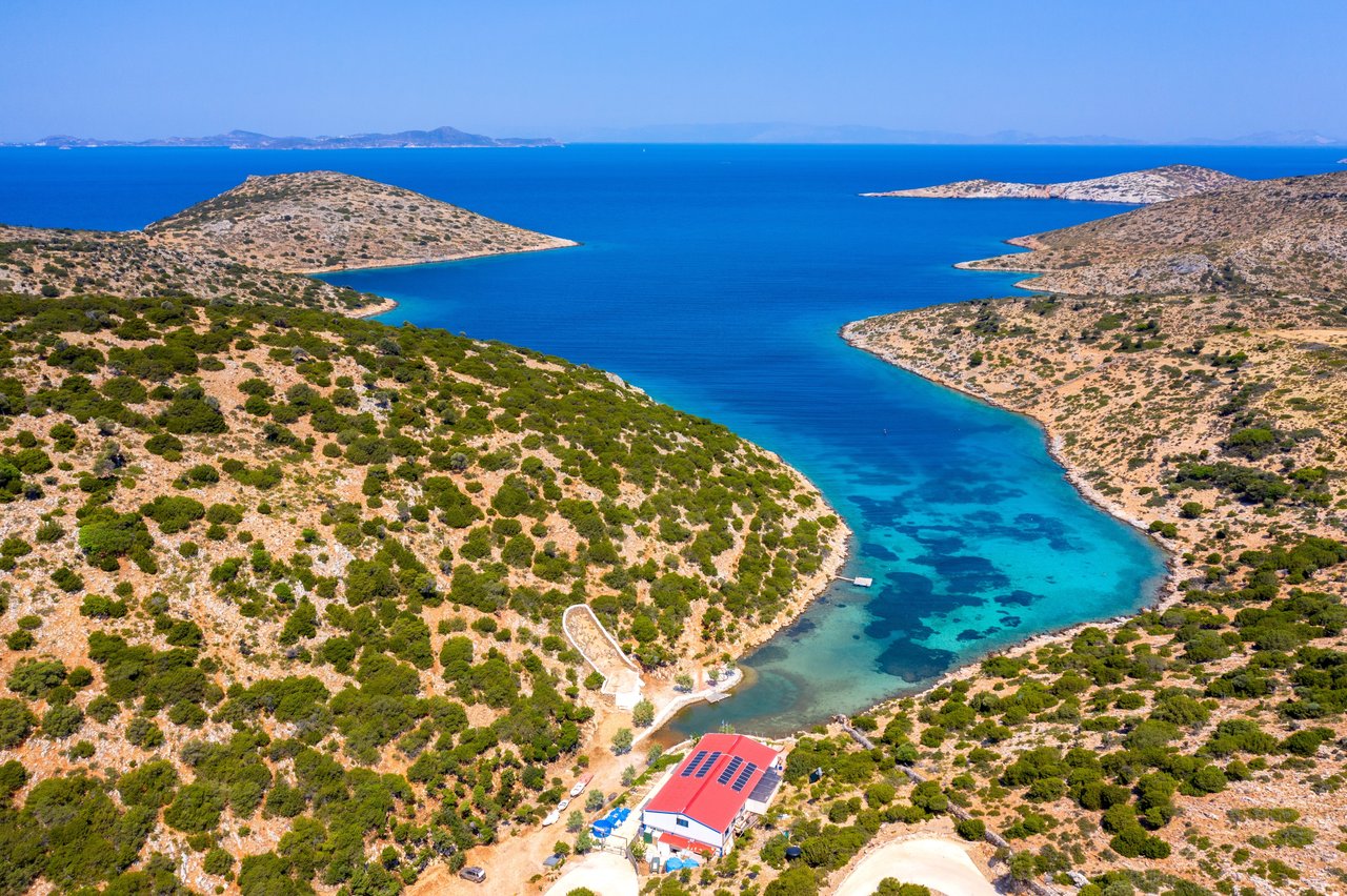 Aerial view of a scenic fjord on Lipsi island, Dodecanese, Greece.