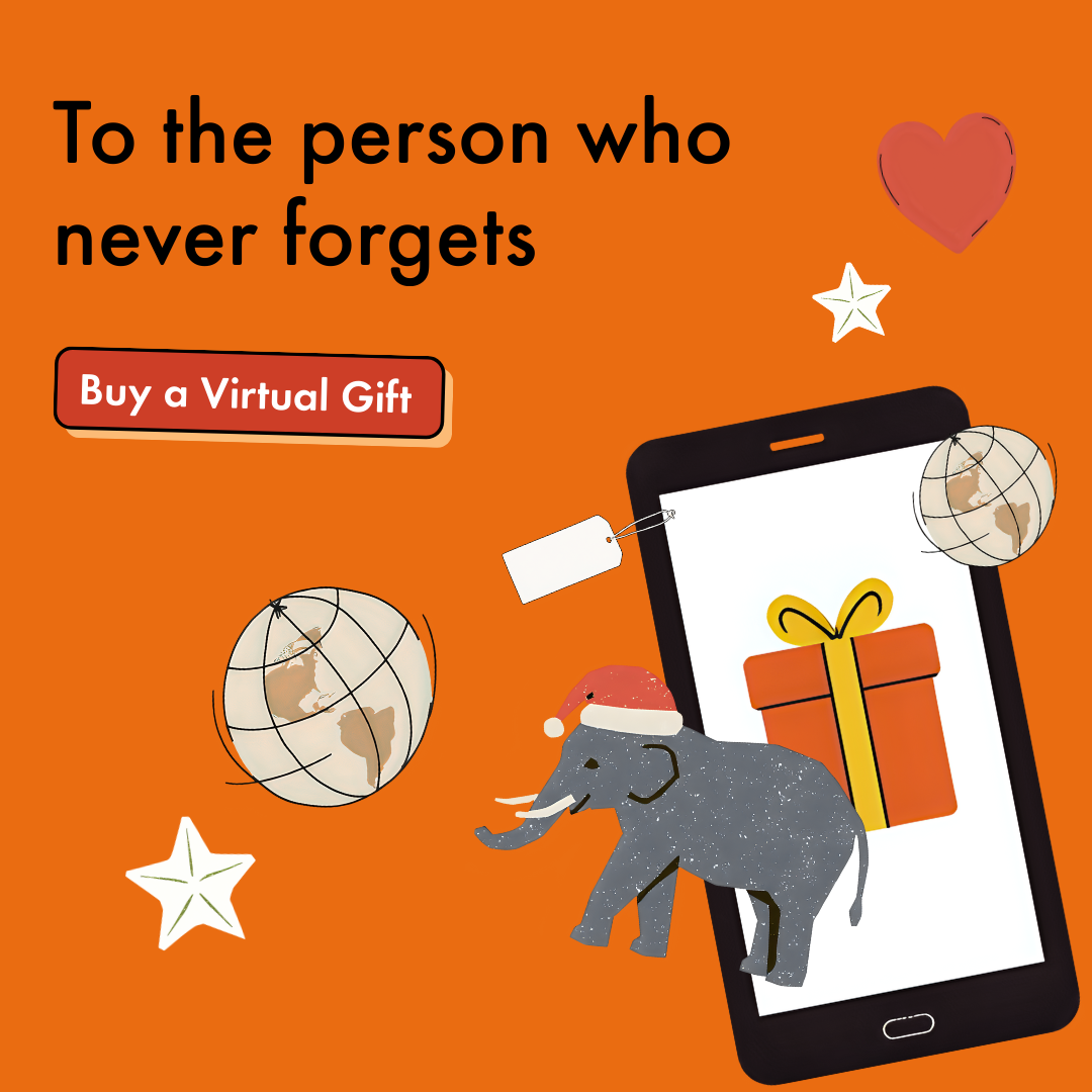 To the person who never forgets, buy a virtual gift. A mobile screen shows a virtual gift with an elephant and stars