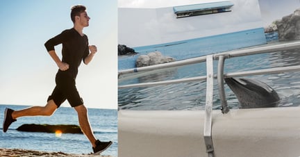 A runner jogs by the sea in contrast to a captive dolphin trapped in a tank - reflecting TUI Marathons misaligned values