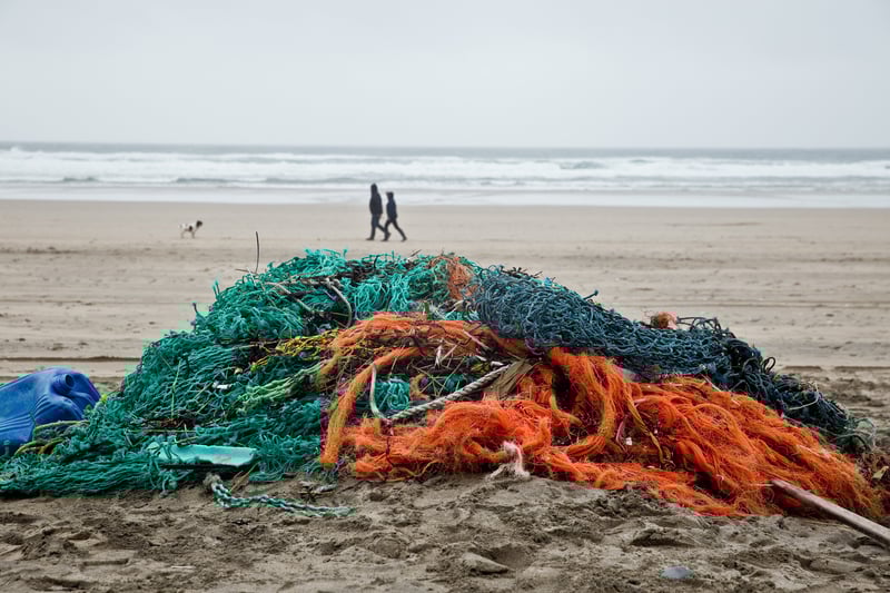 Debris collected by volunteers at a Surfers Against Sewage beach clean on Perranporth beach, Cornwall