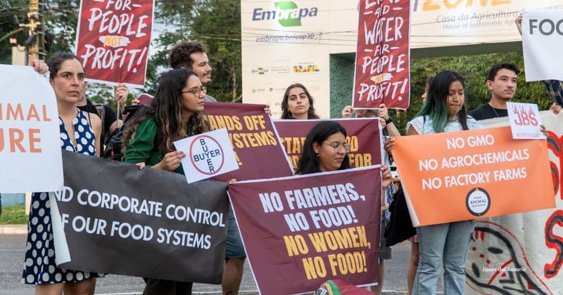 Climate activists at COP30 confront industry lobbyists. Image credit: Jason del Rosario
